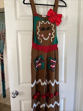 Gingerbread Kids Costume Overalls with Red Bow - Brown & Green